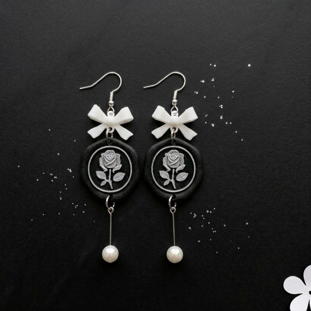 Black & Silver Rose Stamp Earrings with White Bow & Pearl Drop - Picture 2 of 5